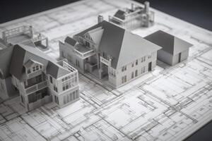 Model of house building standing on architectural project. photo