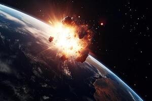 Asteroid falls on planet, view from space. Meteorite burning in atmosphere. photo