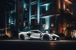 Modern sportcar parking near luxury hotel at night. Generative AI photo
