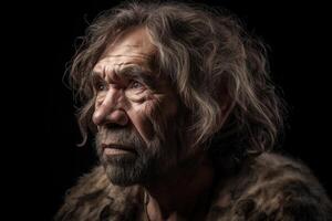 Portrait of prehistoric man on dark background. photo