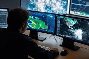 Meteorologist monitoring weather forecast at monitor screen. photo