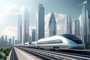 futurista alto velocidad tren en ciudad. generativo ai foto