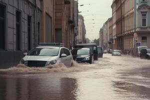 inundación en el ciudad calle. generativo ai foto