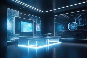 Futuristic room interior with glowing lines. photo