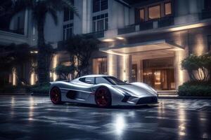 Modern sportcar parking near luxury hotel at night. photo