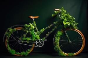 Bicycle made of natural green plants. Eco friendly transportation. Generative AI photo