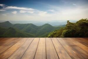 Empty wooden table with blurred mountain landscape background. photo