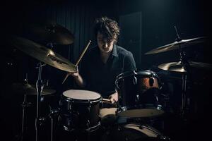 Musician plays drums, drummer on dark background. photo