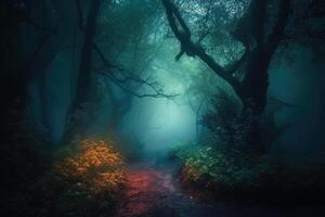 Mystical forest landscape with trees. photo