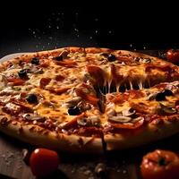 Pizza con Derretido queso en un negro antecedentes. superficial profundidad de campo, ai generativo imagen foto