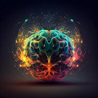 illustration of human brain with glowing lines and particles on dark background, Image photo