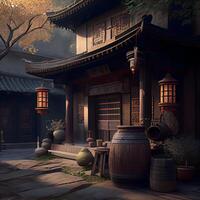 3D Illustration of a Chinese Temple in the Dark, 3D rendering, Image photo