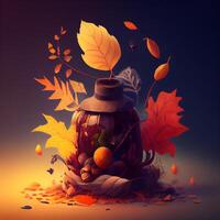 Autumn still life with a bottle of oil and autumn leaves., Image photo