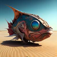 3D illustration of a giant fish in the desert with blue sky, Image photo