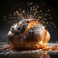 Falling drops of sugar on doughnut on wooden table with dark background, Image photo