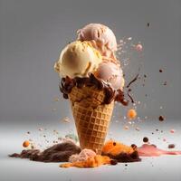 Ice cream in waffle cone with splashes and drops on dark background, Image photo