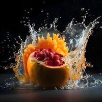 Orange with water splash, isolated on black background. Studio shot., Image photo