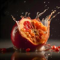 Red apple with splashes of water on a black background. Shallow depth of field., Image photo