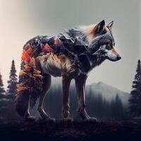 3d rendering of a wolf with a polygonal forest background, Image photo