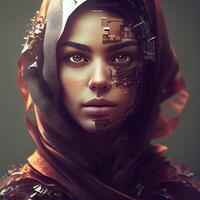 3d illustration. Portrait of a beautiful woman with a red veil., Image photo