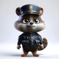 linda dibujos animados mapache vestido como un policía oficial, 3d ilustración, ai generativo imagen foto