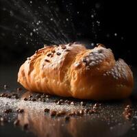 Bun with sesame seeds flying on a black background with sparks, Image photo