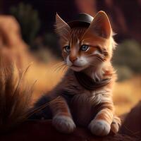 Cute cat with cowboy hat in the desert. 3d rendering, Image photo