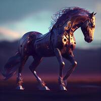 3D Illustration of a Black Horse in the Desert at Sunset, Image photo