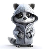 3D rendering of a cute cartoon raccoon in a hoodie, Image photo