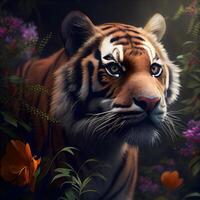 Tiger in a forest with flowers. Digital painting. 3d illustration., Image photo