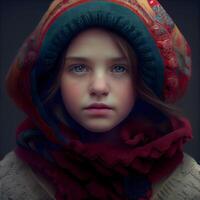 Portrait of a little girl in a winter hat and scarf., Image photo