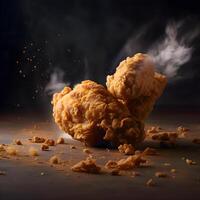 Fried chicken with smoke on black background. Selective focus., Image photo