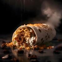 Burrito with meat and vegetables on a dark background. Toned., Image photo