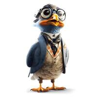 Cute bird with glasses and tie isolated on white background 3d illustration, Image photo