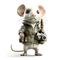 3D rendering of a cute cartoon mouse with a camera and a backpack, Image photo
