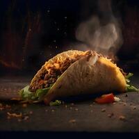 Tacos with meat and vegetables on a dark background. Mexican cuisine., Image photo