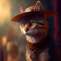 Beautiful cat in a cowboy hat. Halloween theme. 3d rendering, Image photo