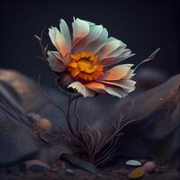 3D illustration of anemone flower in the desert with sand and stones, Image photo