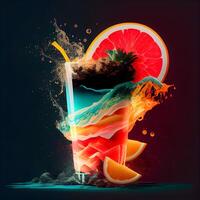 Fruta jugo en un vaso con salpicaduras 3d ilustración, ai generativo imagen foto
