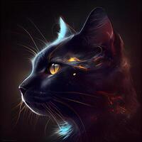 Illustration of a black cat with orange eyes and dark background., Image photo