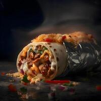 Burrito with meat and vegetables on a black background. Selective focus., Image photo