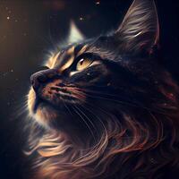 Siberian cat portrait on black background with fire and smoke., Image photo