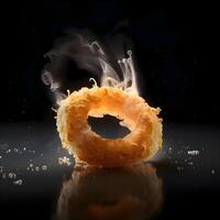 que cae rosquilla con salpicaduras de Leche en oscuro fondo., ai generativo imagen foto