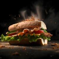 Sandwich with ham, cheese, tomato and lettuce on black background, Image photo