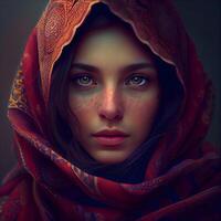 Portrait of a beautiful girl in a red shawl on her head., Ai Generative Image photo