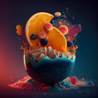 Fruit in ice cream bowl with splashes and drops on dark background, Image photo