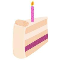 Vector slice of cake. Tasty cake slices with cream and candle. Delicious cake in hand drawn style