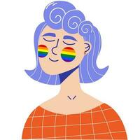 hembra con púrpura pelo y un arco iris bandera en su las mejillas. orgullo mes.orgullo mes celebracion. vector