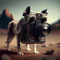 3d representación de un perro con un cámara en el desierto., ai generativo imagen foto