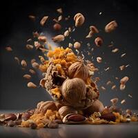 Composition with walnuts, almonds and hazelnuts on dark background, Image photo